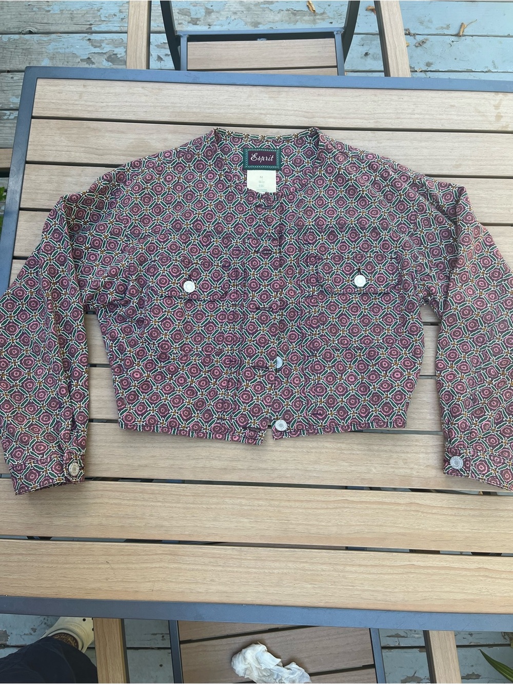 RARE Esprit Cropped Geometric Print Jean Jacket in Purple and Green